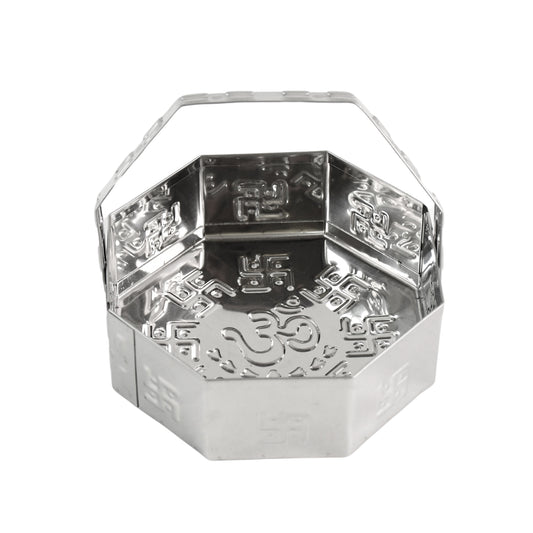 Traditional stainless steel octagon Pooja basket with handle, designed for home improvement and religious rituals.