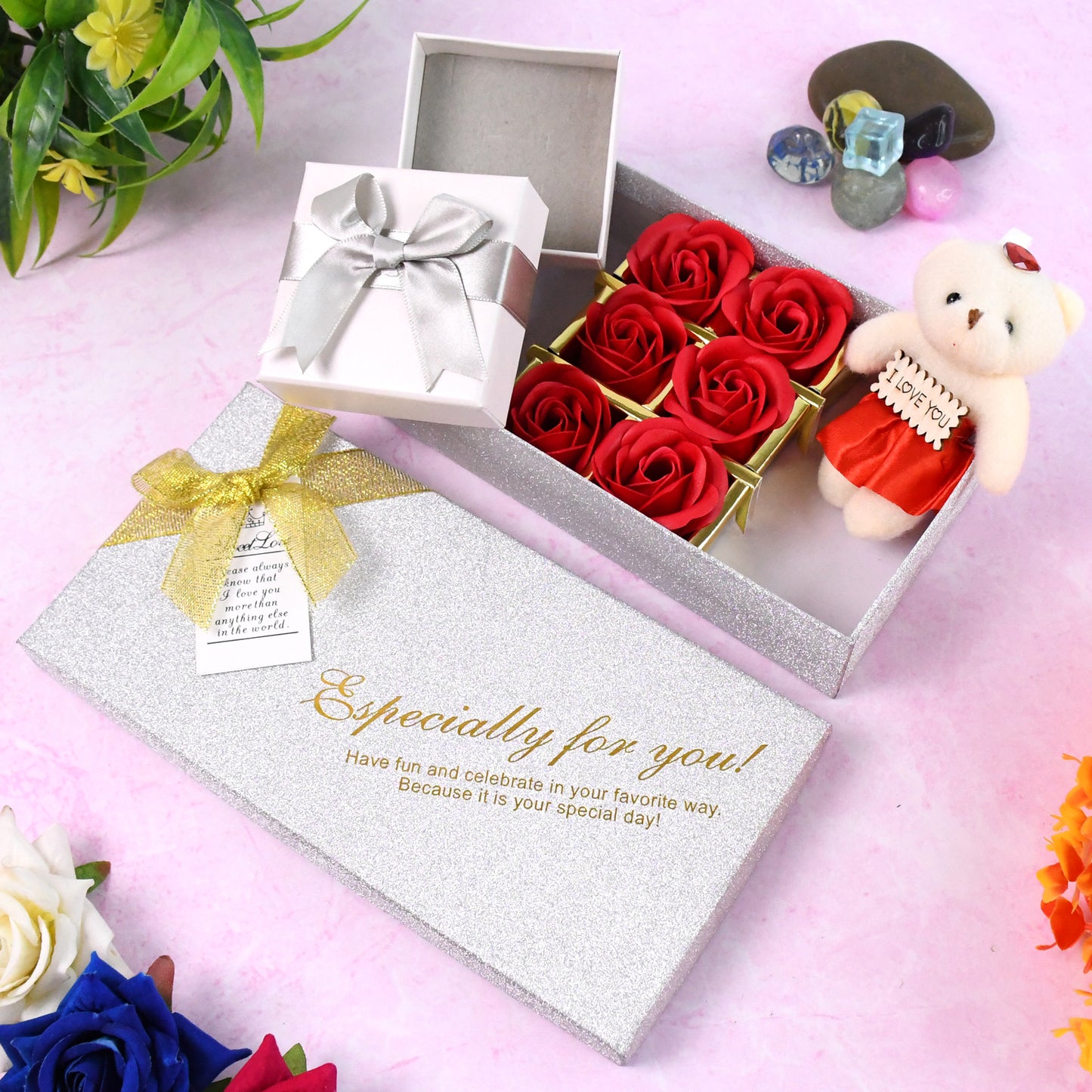 Wukusy Valentine Day gift set with scented roses, flowers, and plush teddy bear for romantic home decor and gift presentation.