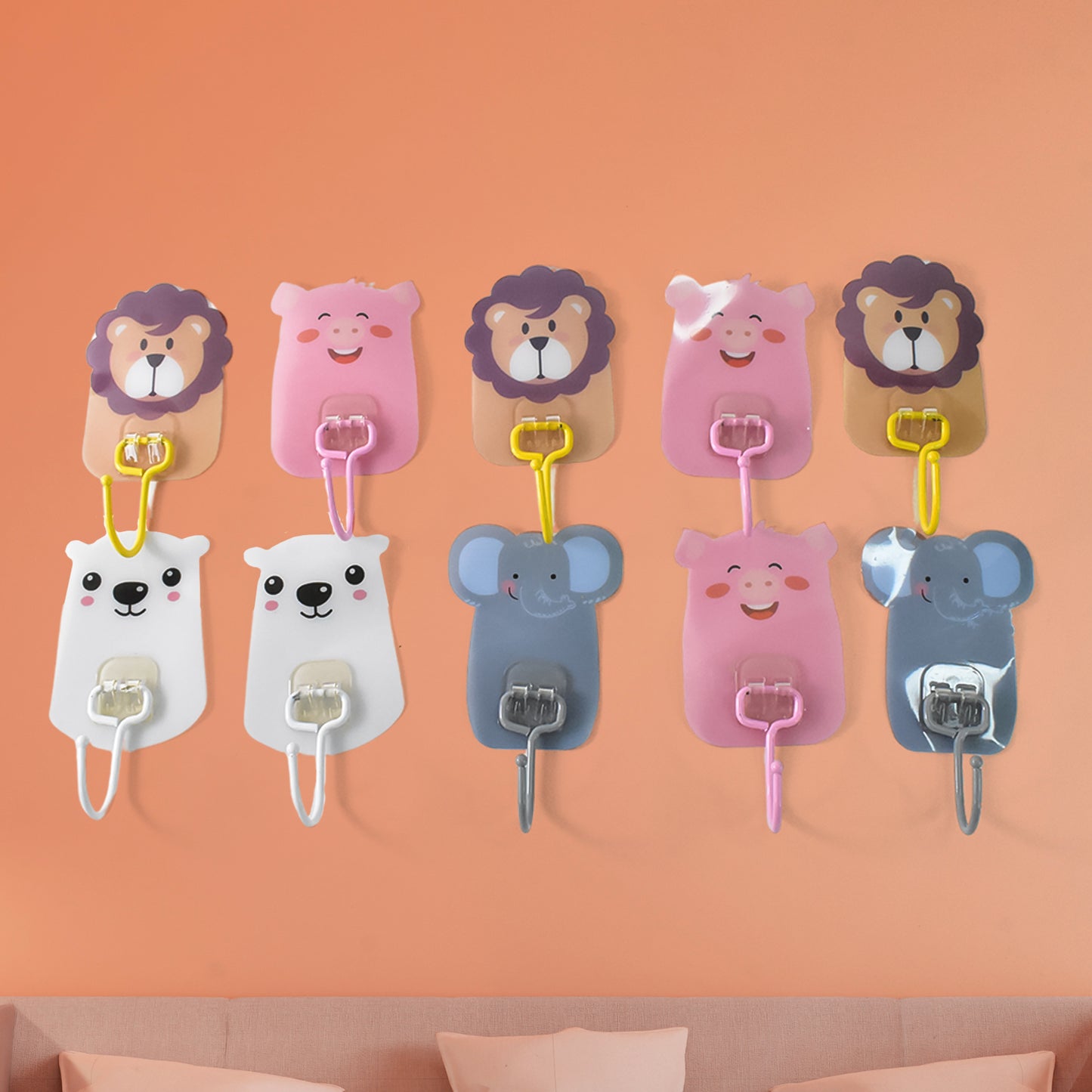Set of 10 Wukusy wall-mounted cartoon self-adhesive hooks for home improvement, ideal for hanging lightweight items.