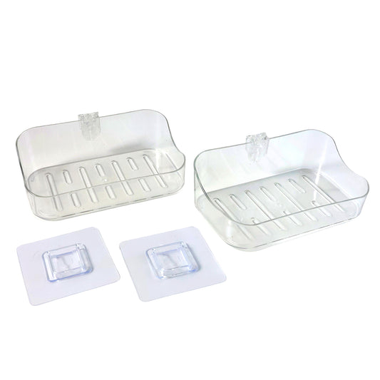 Wall-mounted transparent soap dish holder set by Wukusy, perfect for organizing soap in bathroom or kitchen.