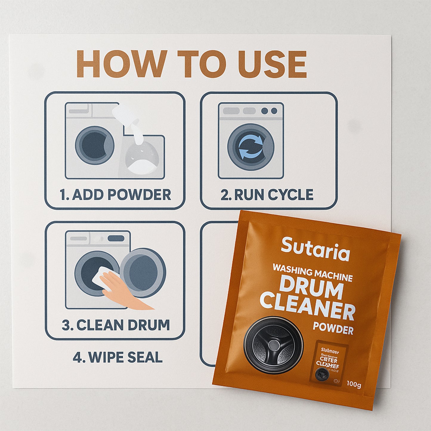 Wukusy washing machine drum cleaner powder in a 100g container, designed for home appliance maintenance and drum cleaning.