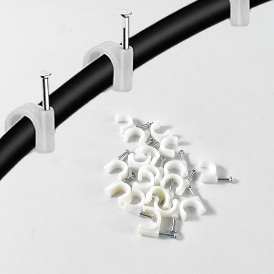 Wukusy plastic wire wall clips with steel nails, round cable pins, 20-piece set for home improvement and cable organization.