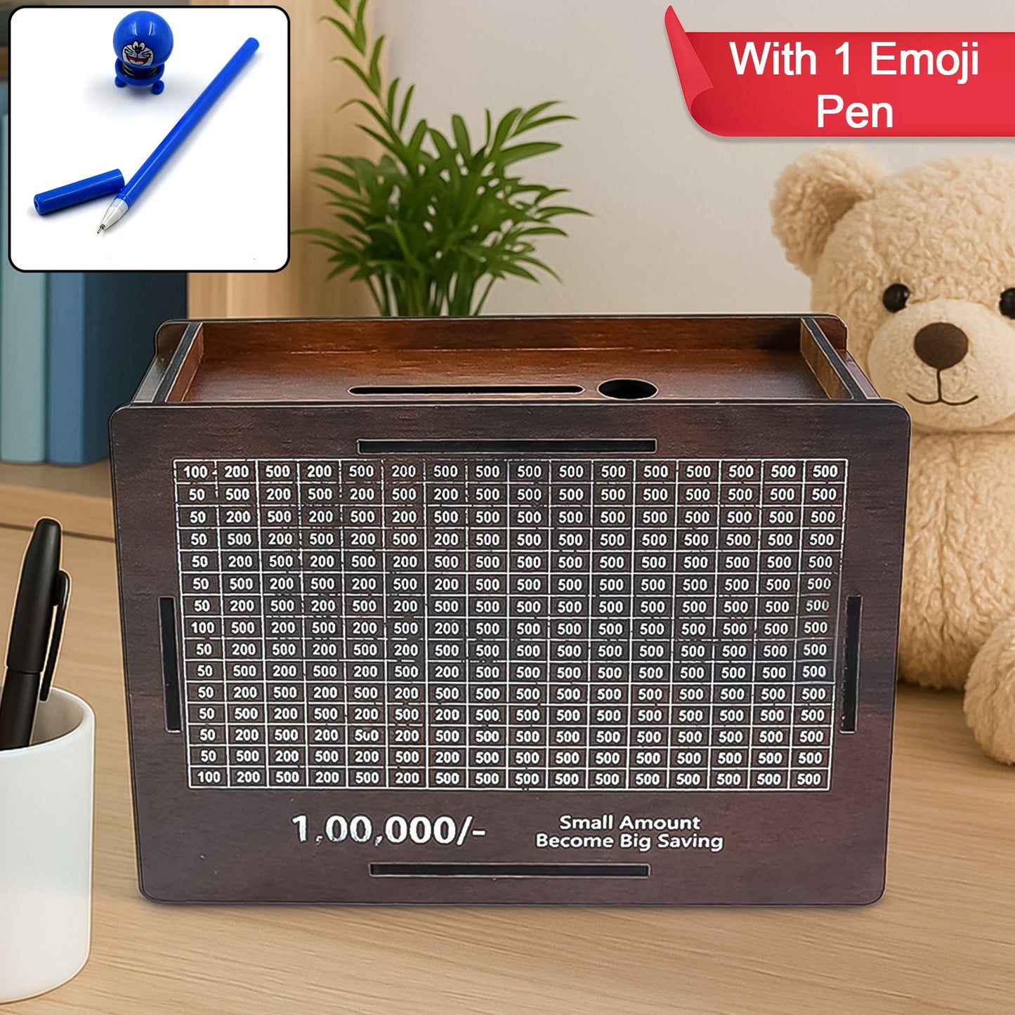 Wukusy wooden money piggy bank and money box with a cute emoji pan design, ideal for home improvement savings.
