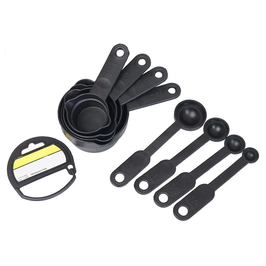 Set of 8 black plastic measuring cups and spoons from Wukusy for precise kitchen measurements, including various sizes.