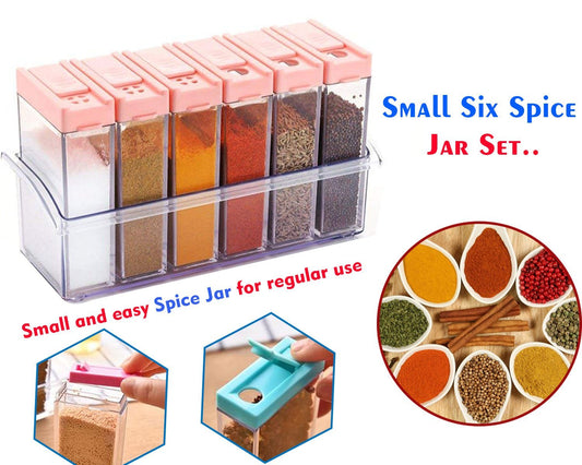 Set of six multicolour plastic spice jars by Wukusy, 14x22x8cm, ideal for kitchen storage and organization.