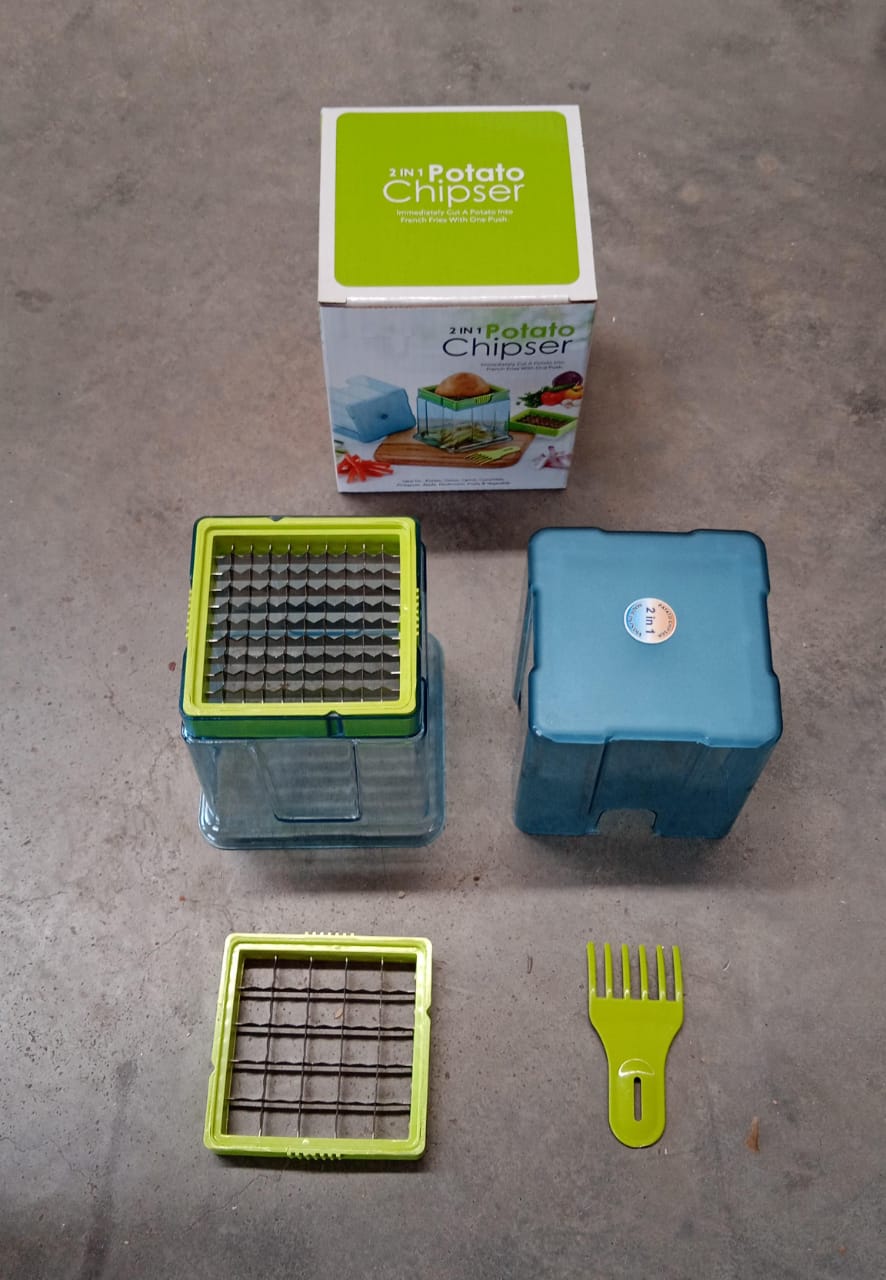 Wukusy 2-in-1 potato chip slicer and French fries maker with two blades, plastic vegetable and fruit slicer for kitchen use.