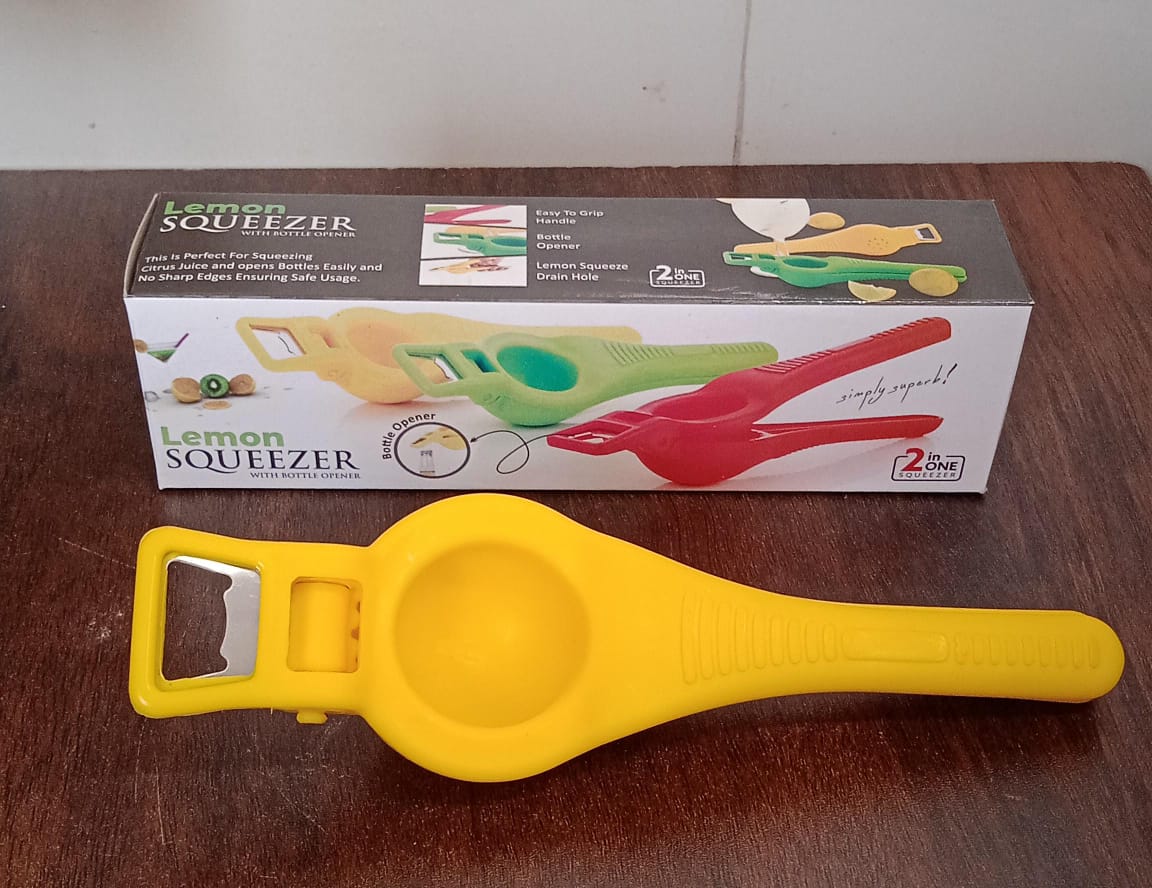 Wukusy 2-in-1 unbreakable lemon squeezer and bottle opener for kitchen use, shown in a neutral setting.