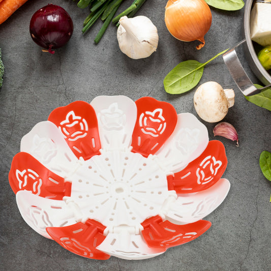 Wukusy foldable lotus-shaped fruit basket with hanging stand, ideal for fruits and vegetables, made of durable kitchen storage material.