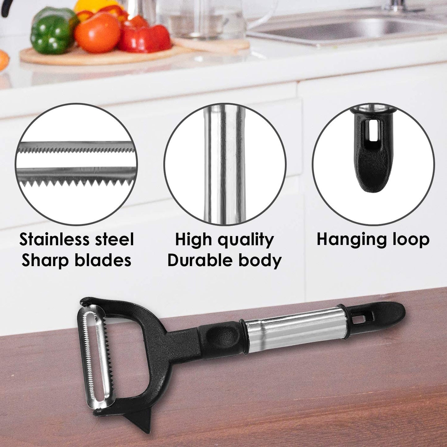 Wukusy 2-in-1 double julienne and vegetable peeler, handheld kitchen tool for slicing and peeling vegetables.