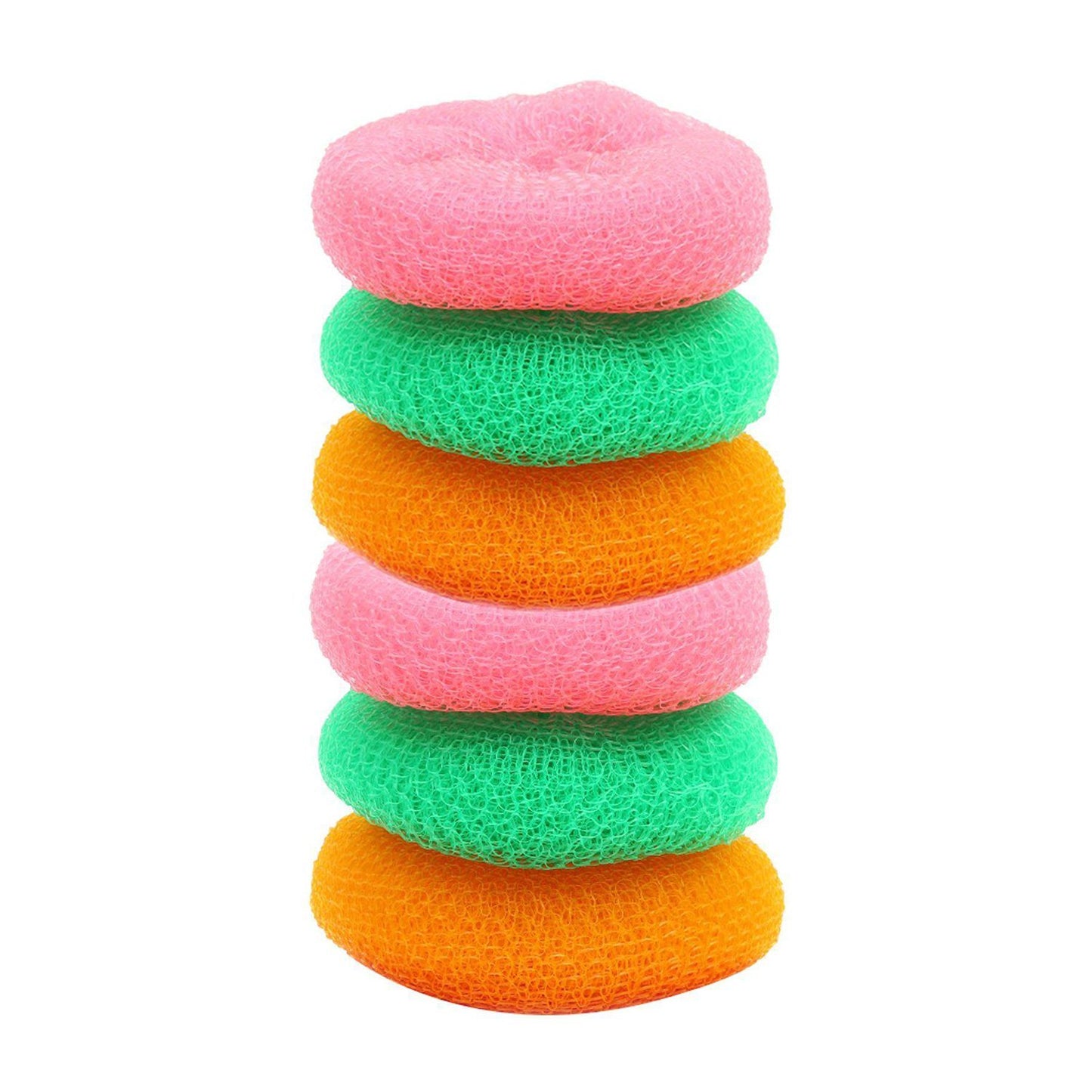 Set of six Wukusy plastic scrubbers with round nylon bristles, ideal for cleaning kitchen dishes and surfaces.