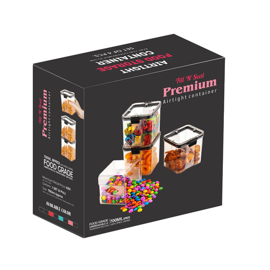 Wukusy 4-piece square food storage containers, 700ml, used for storing various food items in the home kitchen.