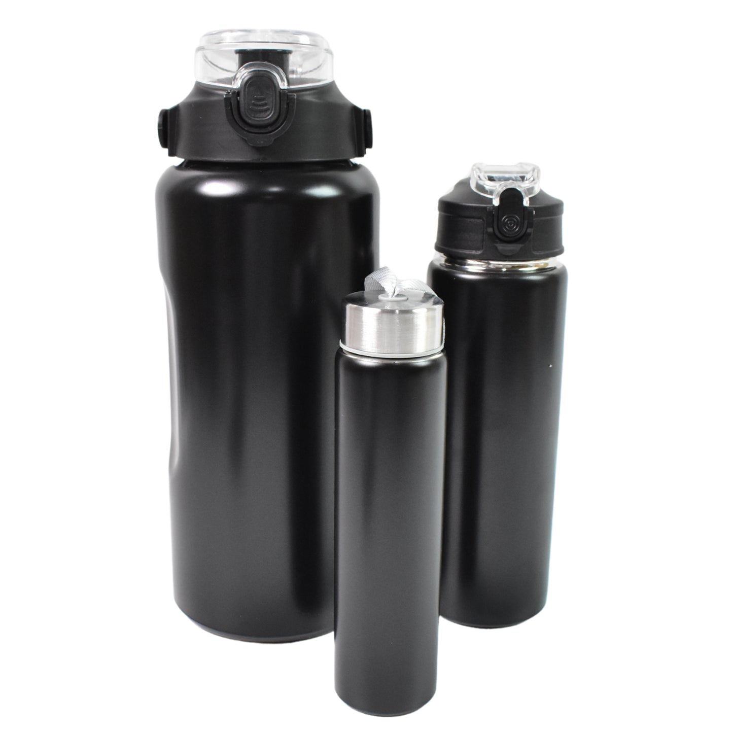 Set of three Wukusy stainless steel insulated water bottles in different sizes with double-wall vacuum design for hot and cold drinks.