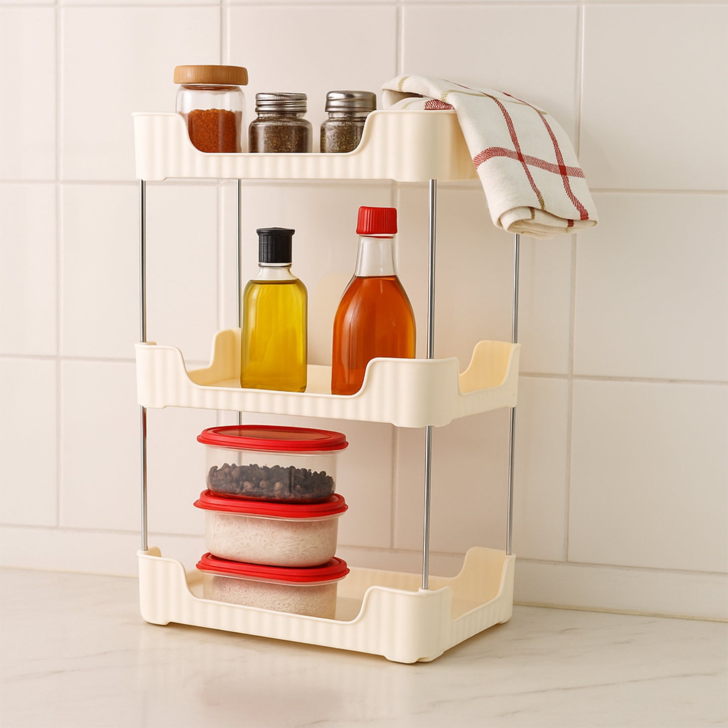Wukusy 3-tier multipurpose storage organizer rack for home and kitchen, with three spacious shelves for versatile storage.