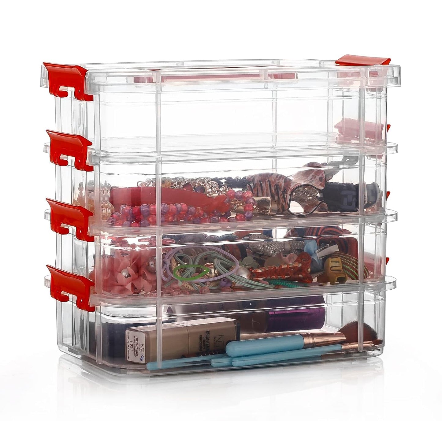 Wukusy 4-layer transparent plastic storage box for home and kitchen organization with multiple compartments.