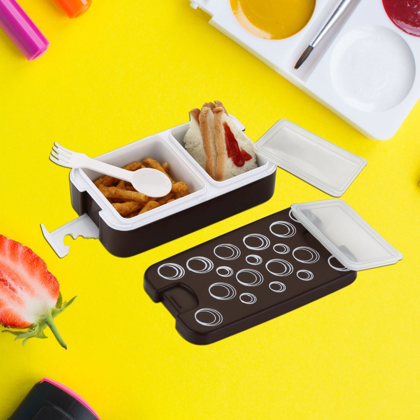 Wukusy 5330 airtight lunch box with two compartments, leak-proof, food-grade material, modern design, includes spoon.