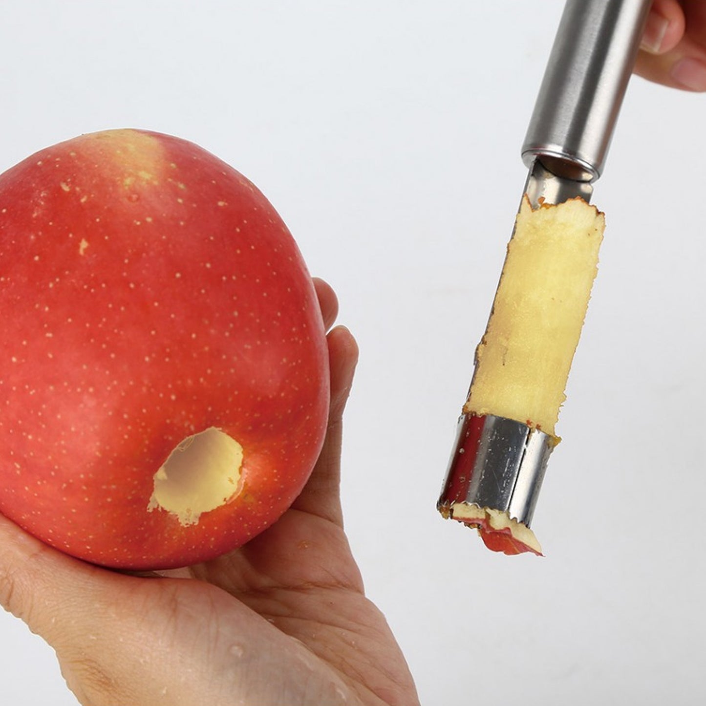 Wukusy stainless steel fruit core remover for apples and pears with soft handle, dishwasher safe kitchen prep tool.