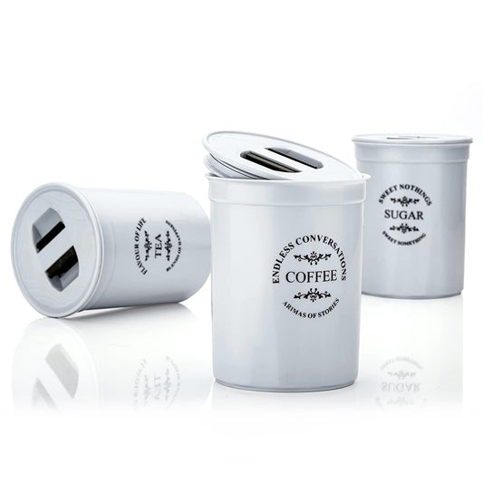 Set of three multicolor plastic Damru-shaped tea, sugar, and coffee containers with airtight lids for kitchen storage by Wukusy.
