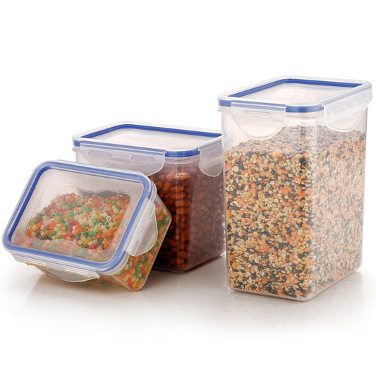 Set of 3 transparent Wukusy rectangle ABS food storage containers with leak-proof locking lids, 500ml, 1000ml, and 1500ml capacities.