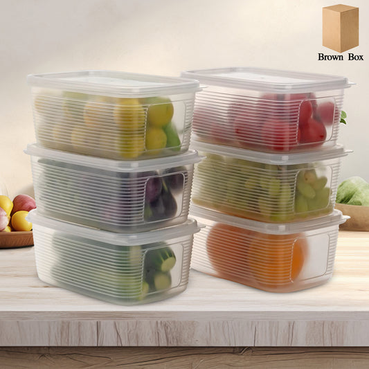 Six Wukusy plastic food storage containers set for kitchen use, featuring clear lids and diverse sizes for versatile food organization.