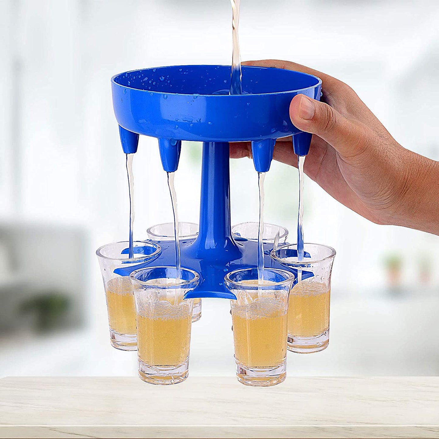 Wukusy 6-way plastic shot glass dispenser with holder stand for home use, featuring six shot glasses and a sturdy stand.