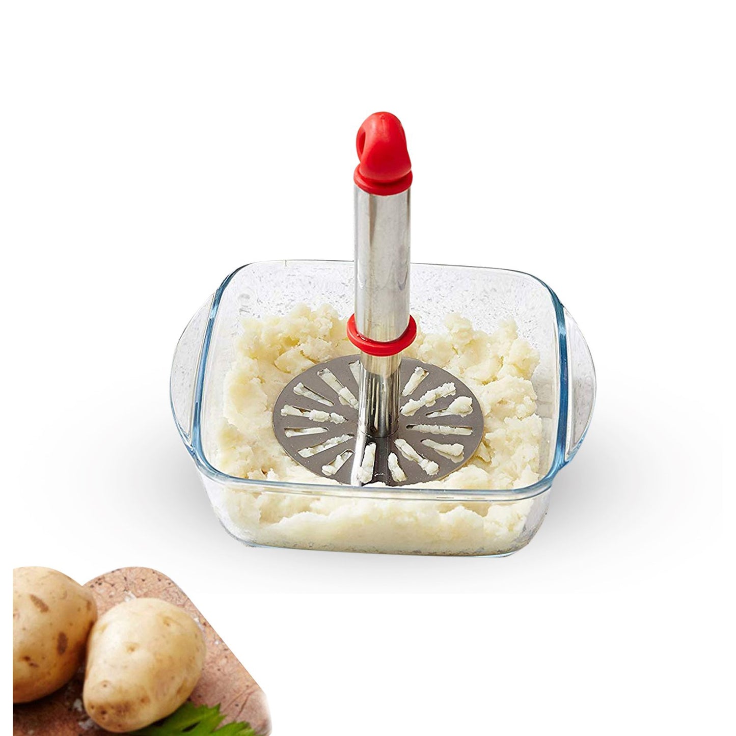 Wukusy Ganesh potato and bhaji masher with silver plastic handle, oval shape, durable plastic construction for home kitchen use.