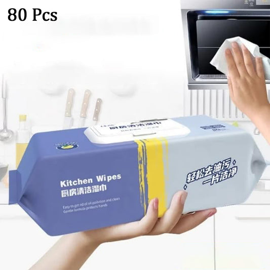 Wukusy 8220 Kitchen Cleaning Wipes pack of 80, disposable wet wipes for removing grease, stains, and cleaning glass surfaces.