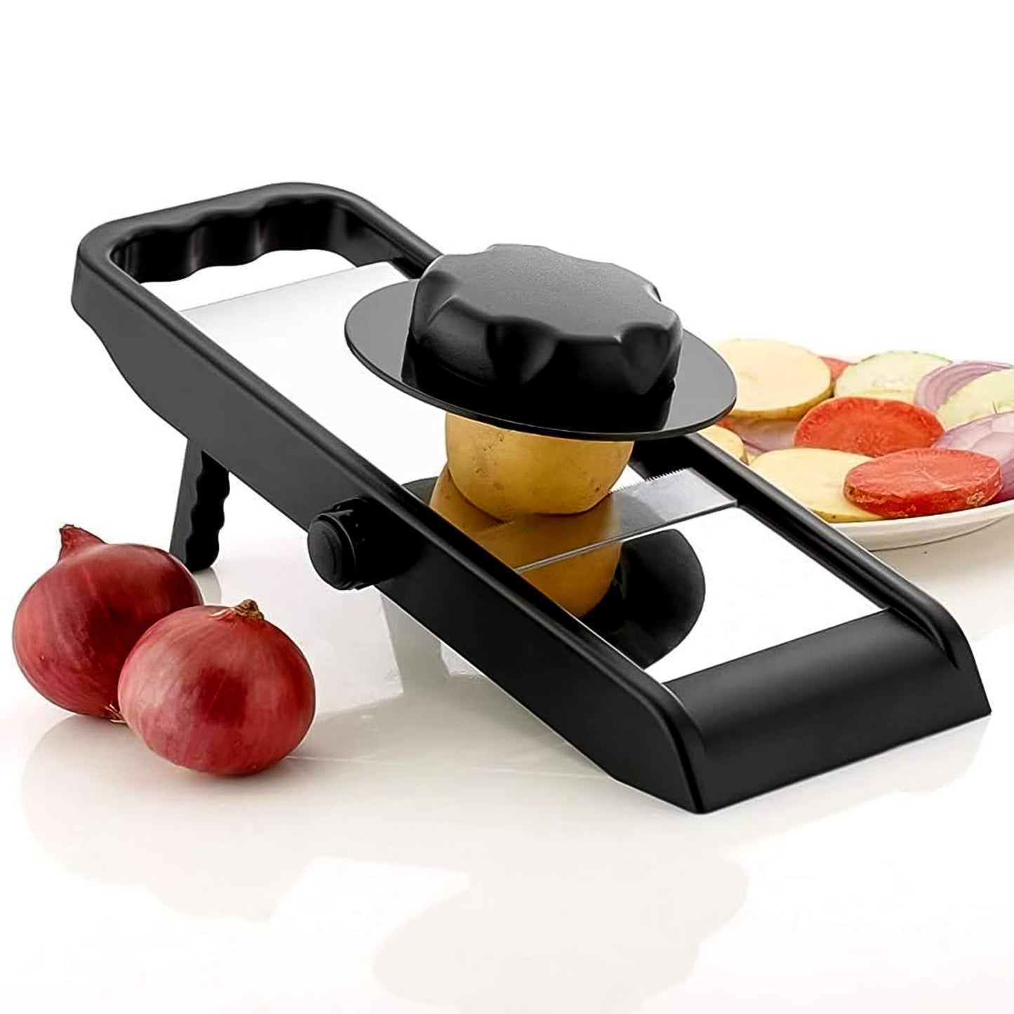 Wukusy adjustable stainless steel and plastic multipurpose potato and onion slicer and grater for home kitchen use.