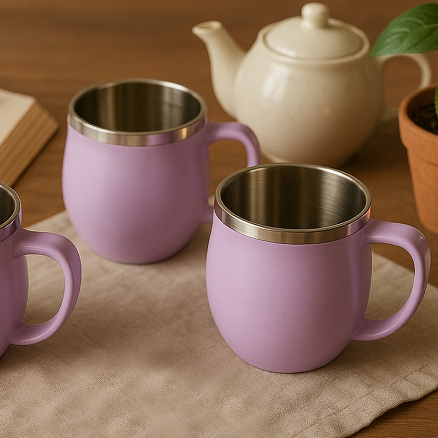 Set of six Wukusy Apex Chit-chat double wall stainless steel mugs, 200ml each, for home and kitchen use.