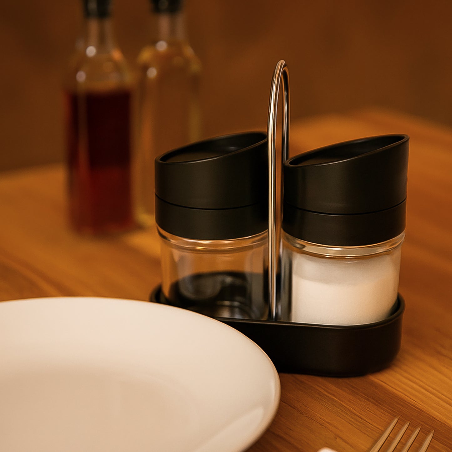 Wukusy Apex Helix salt and pepper plastic jar set with stand, kitchen storage containers for spices and seasoning.