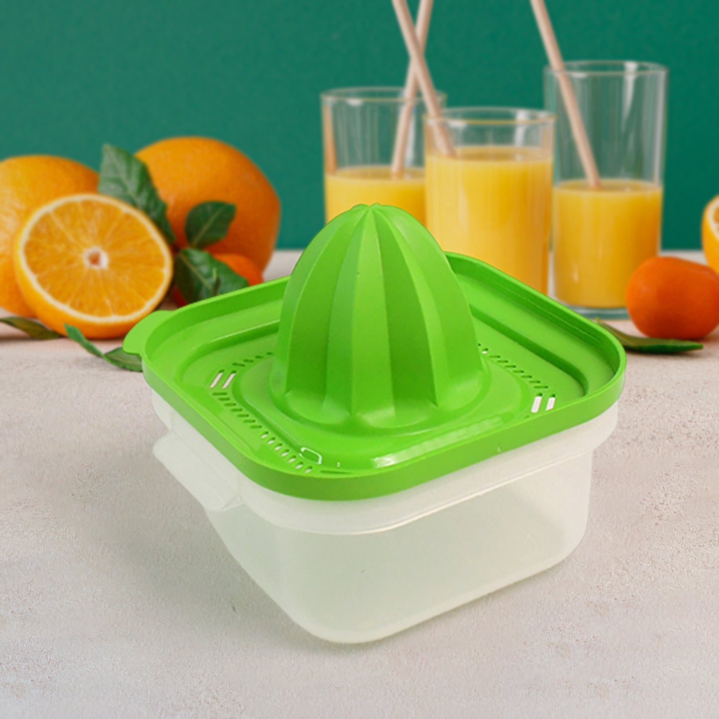 Wukusy Apex manual hand press orange juicer on a kitchen countertop, designed for easy citrus juice extraction.