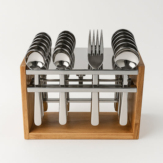 Wukusy Apex Premium Stainless Steel Cutlery Set with 24 pieces, including forks, knives, spoons arranged on a dining table.