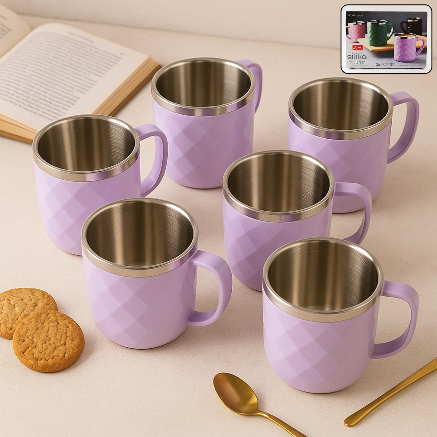 Set of six Wukusy Apex Silika tea cups, approximately 200 ml each, for home and kitchen use, with a sleek and modern design.