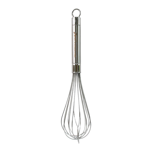 Wukusy Apex stainless steel large hand whisk for mixing and whipping in kitchen, with ergonomic handle and durable construction.