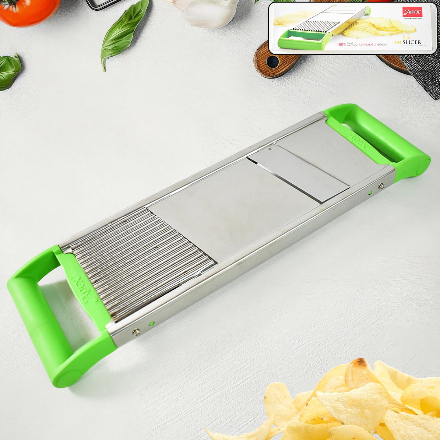Wukusy Apex stainless steel 2-in-1 vegetable slicer for home and kitchen use, featuring multiple blade options for slicing and dicing vegetables.