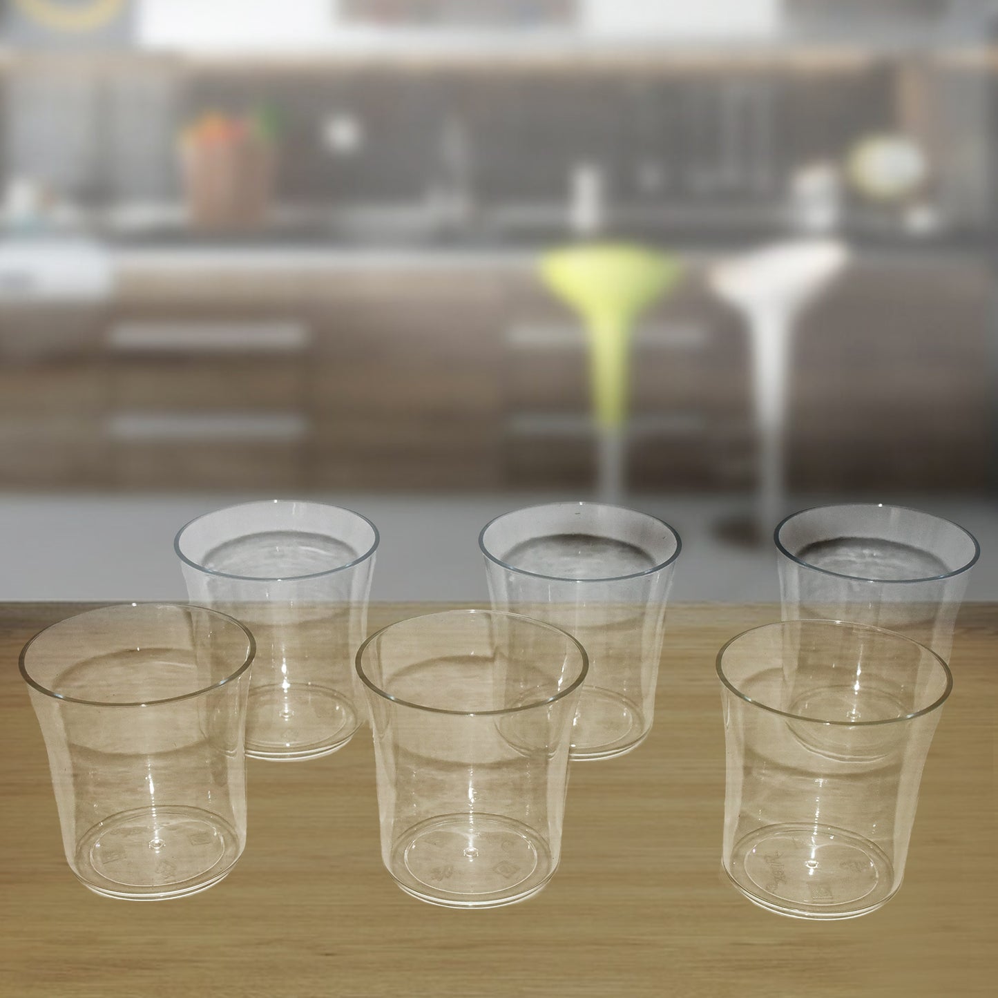 Set of six Apex Welcome plastic glasses by Wukusy, durable and suitable for daily use in home and kitchen settings.