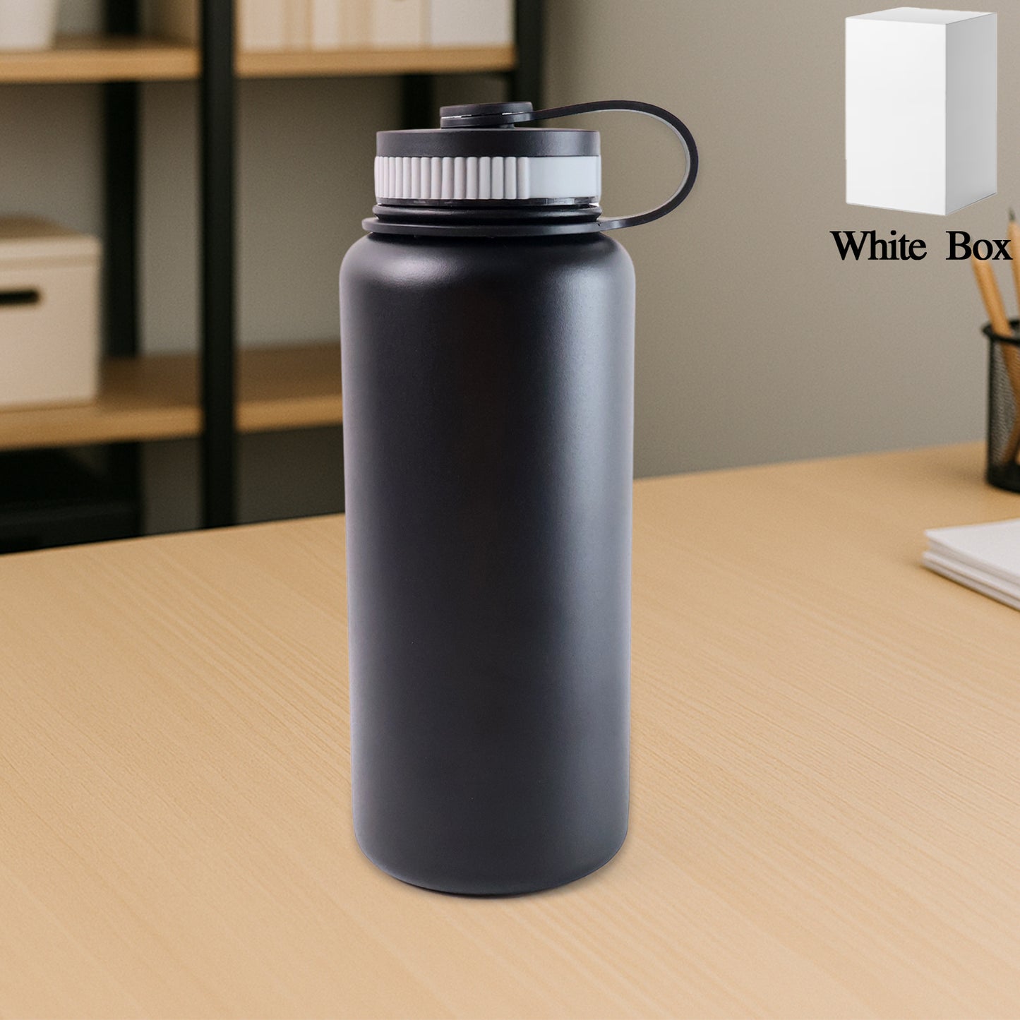 Black stainless steel Wukusy 1000ml double wall vacuum-insulated water bottle for hot or cold drinks, designed for home and kitchen use.
