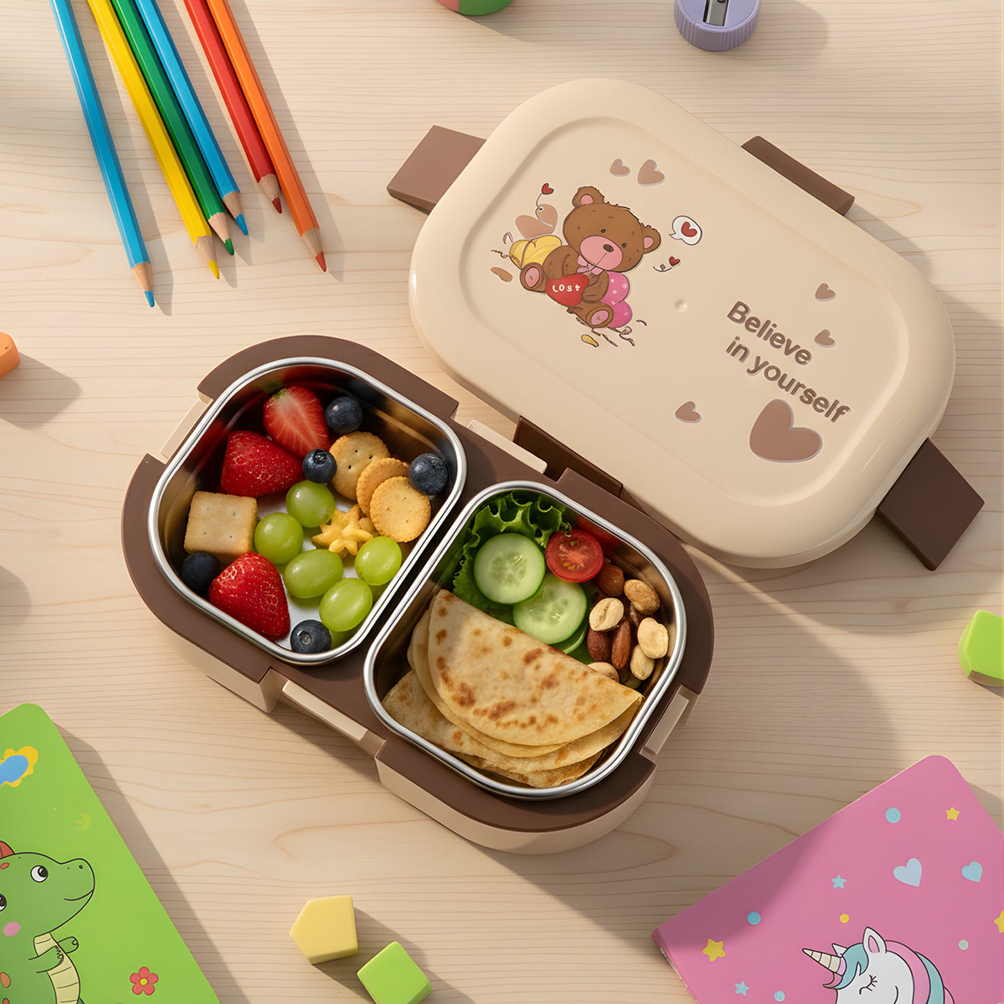 Cute Teddy printed kids lunch box by Wukusy, 500ml, featuring a playful teddy bear design, perfect for children's lunch storage.
