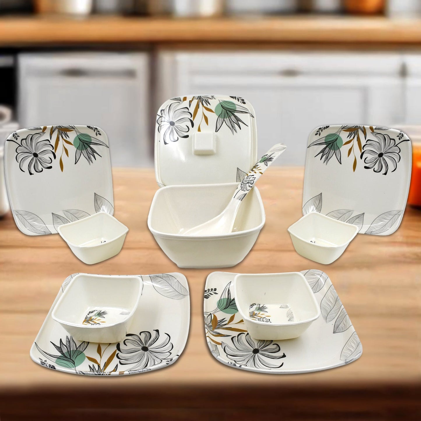 Wukusy Divine Lunch Tableware Dinner Set with 11 pieces, including plates, bowls, and cups, for stylish home dining.