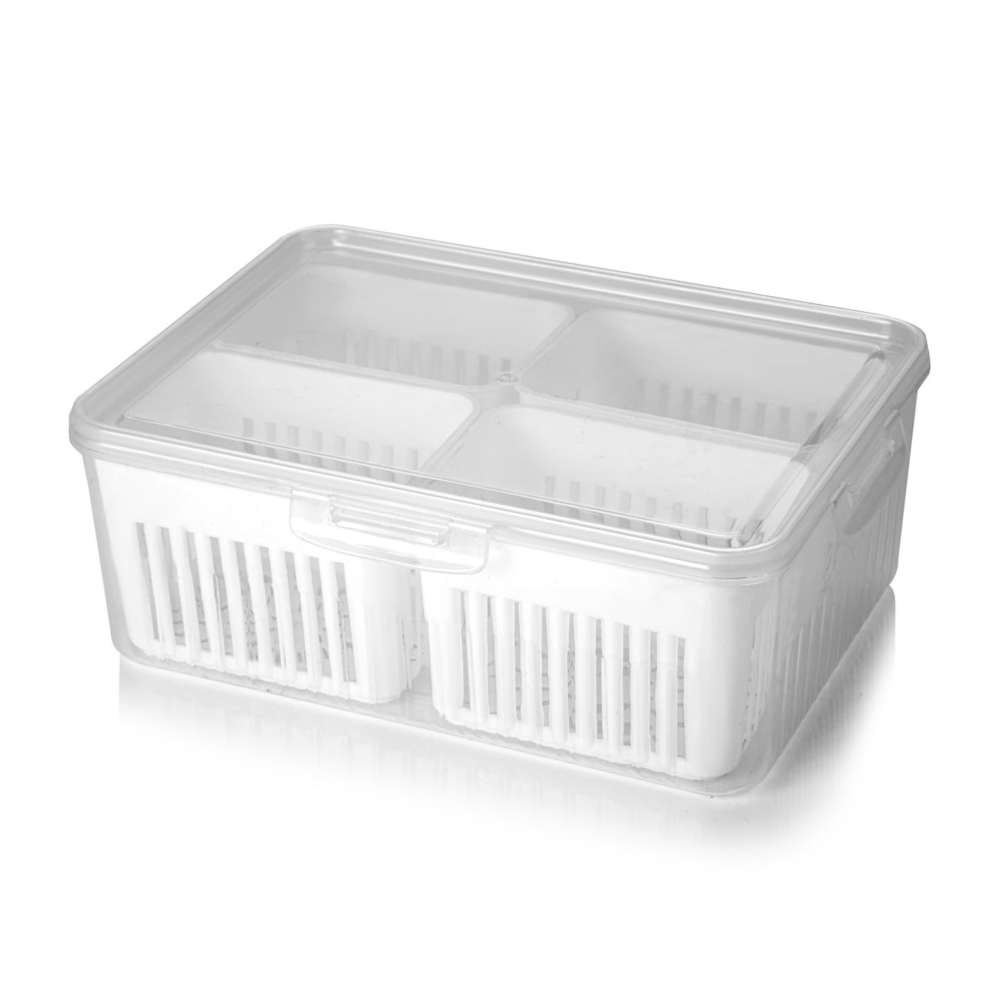 Wukusy fridge storage box for vegetables and food, clear plastic freezer container with drainage for kitchen refrigerator organization.
