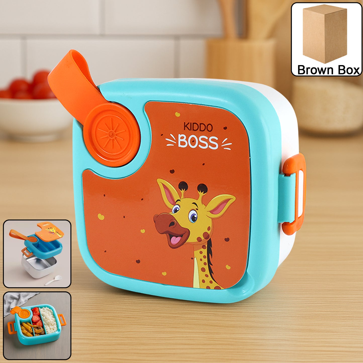Kids cartoon lunch box set by Wukusy featuring colorful, fun design for children’s meals, made of durable food-safe material.