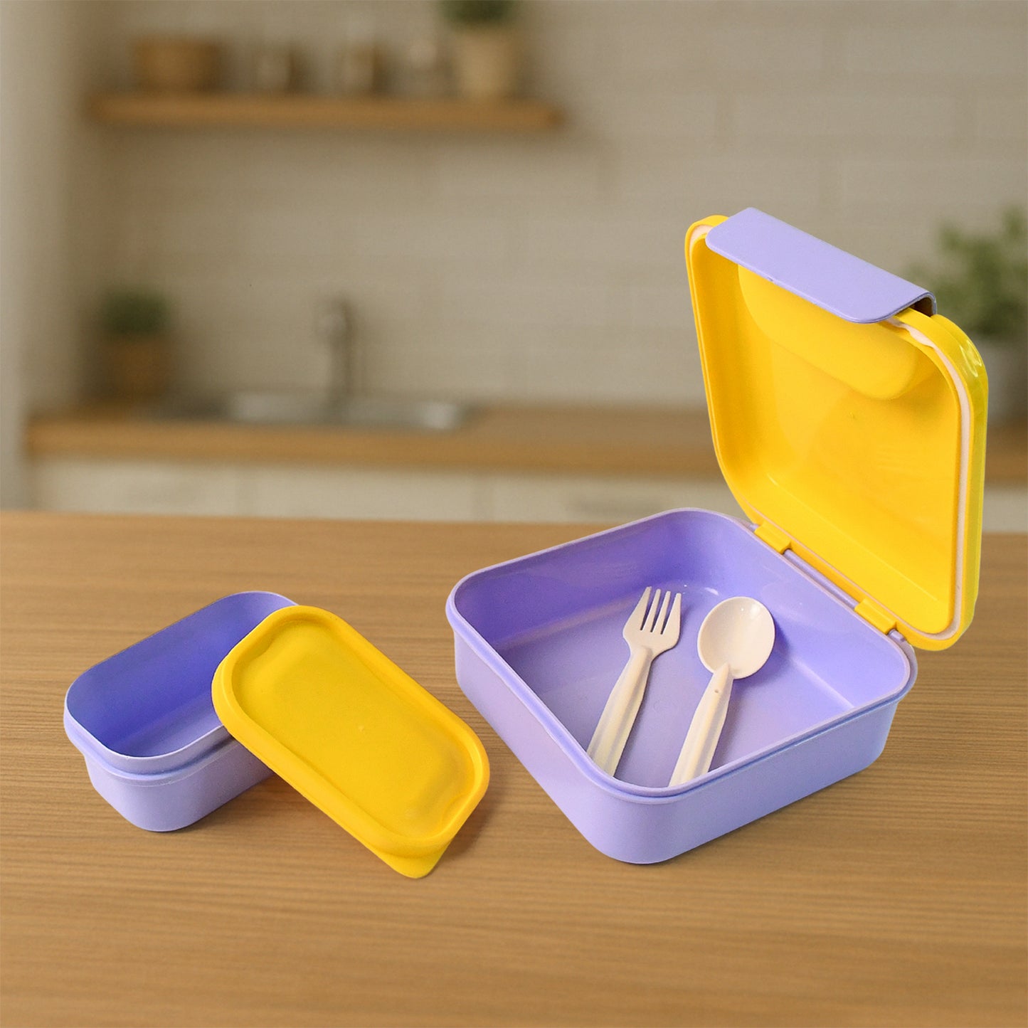 Wukusy kids lunch box set with small inner container, spoon, and fork for children, ideal for school meals and snacks.