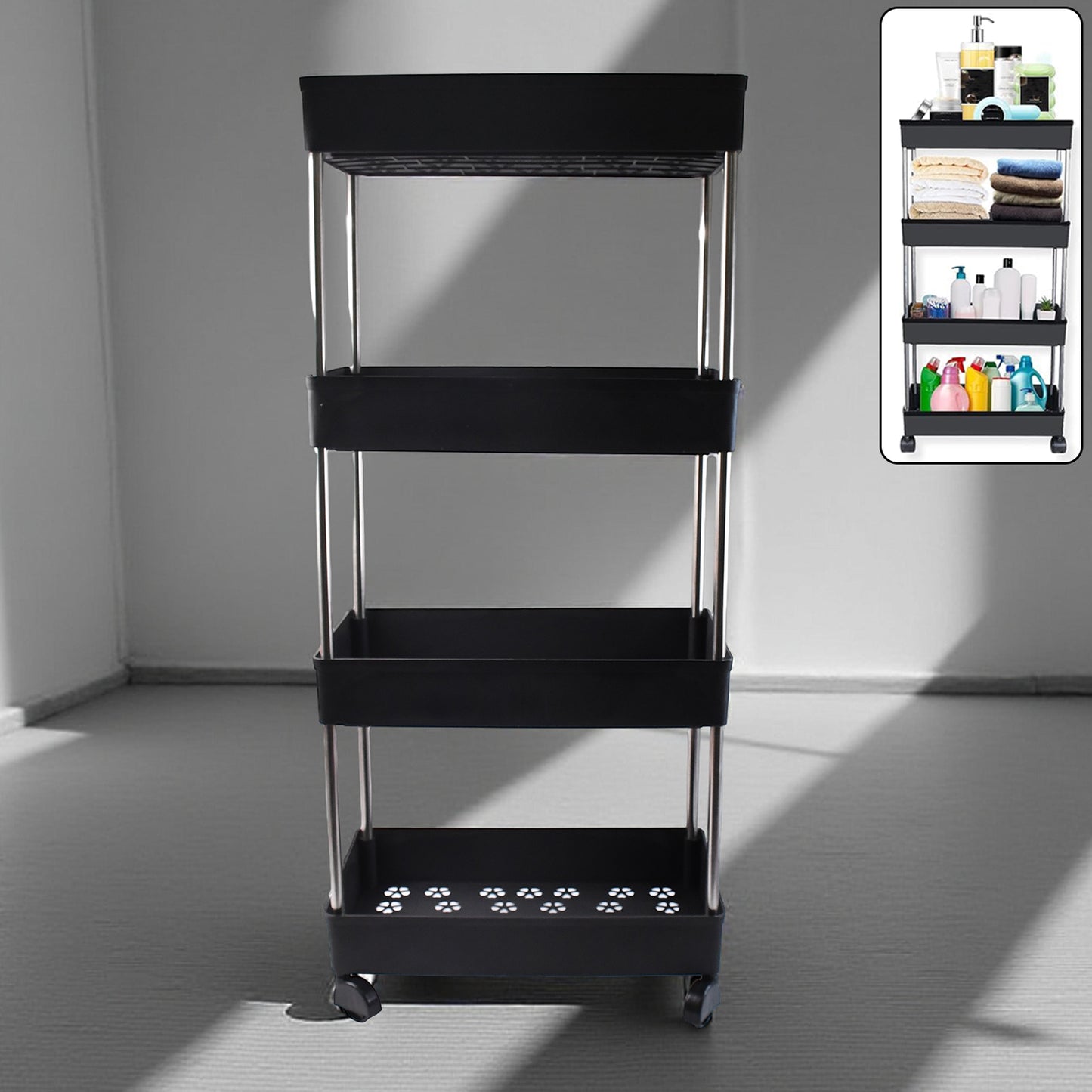 Wukusy movable storage rack trolley for home and kitchen with multiple shelves and sturdy wheels for easy mobility.