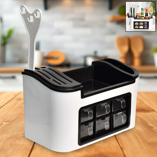 Wukusy multifunctional kitchen storage organizer rack with 6 spice containers, knife and spoon holder, and top shelf for countertop use.