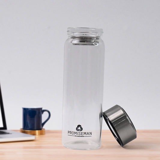 Wukusy outdoor sport glass water bottle with steel lid, 500ml capacity, suitable for home and outdoor activities.