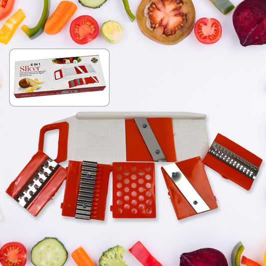 Wukusy 6-in-1 plastic vegetable slicer, cutter, dicer, and grater set for home kitchen use with multiple blades and attachments.