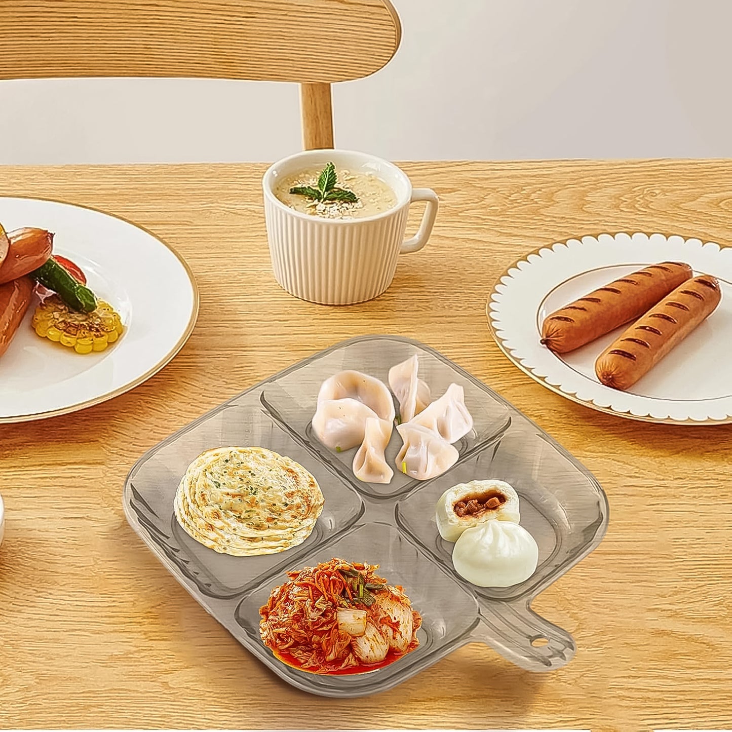 Plastic kitchen tray by Wukusy with four compartments for serving food, ideal for home and kitchen use.