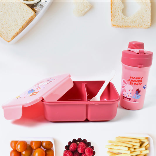 Wukusy plastic lunch box set with two compartments, leak-proof design, bottle, and fork in mix colors for home and kitchen use.