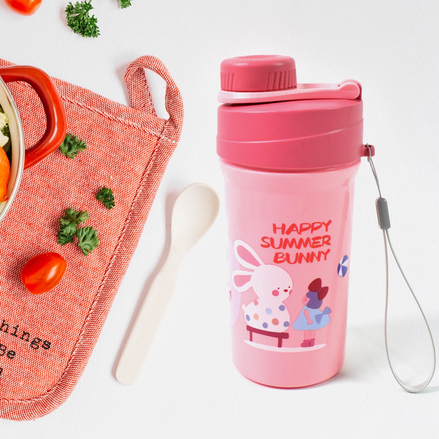 Wukusy plastic lunch box with two compartments, leak-proof design, included bottle and fork, colorful set for home and kitchen use.