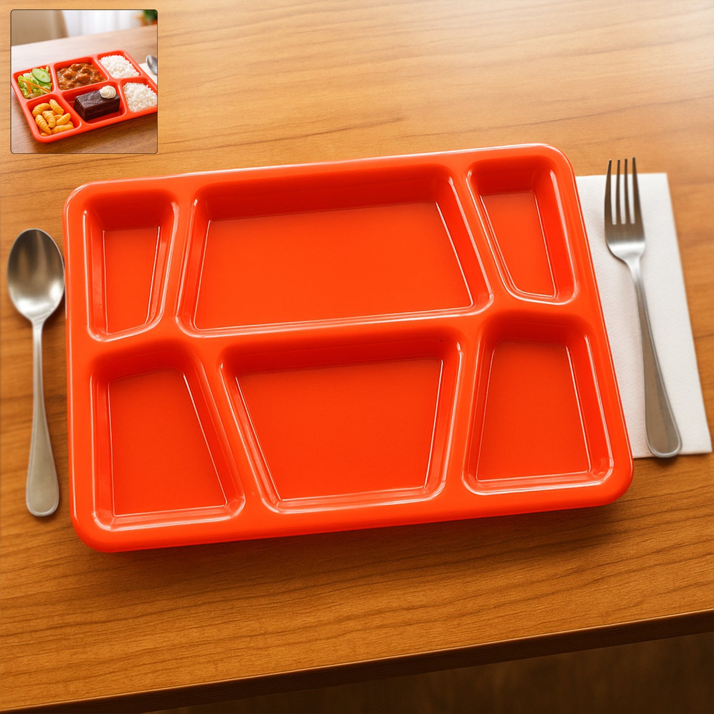 Red plastic multi-compartment rectangular meal serving tray from Wukusy, ideal for home kitchen use with separate sections.