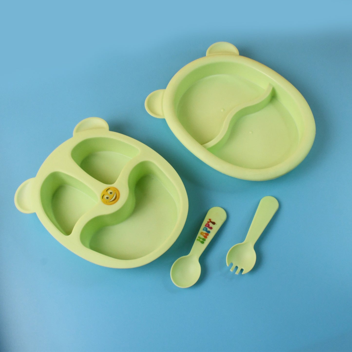 Wukusy premium 4-piece kids mealtime feeding set with colorful plates, bowls, and utensils for children.